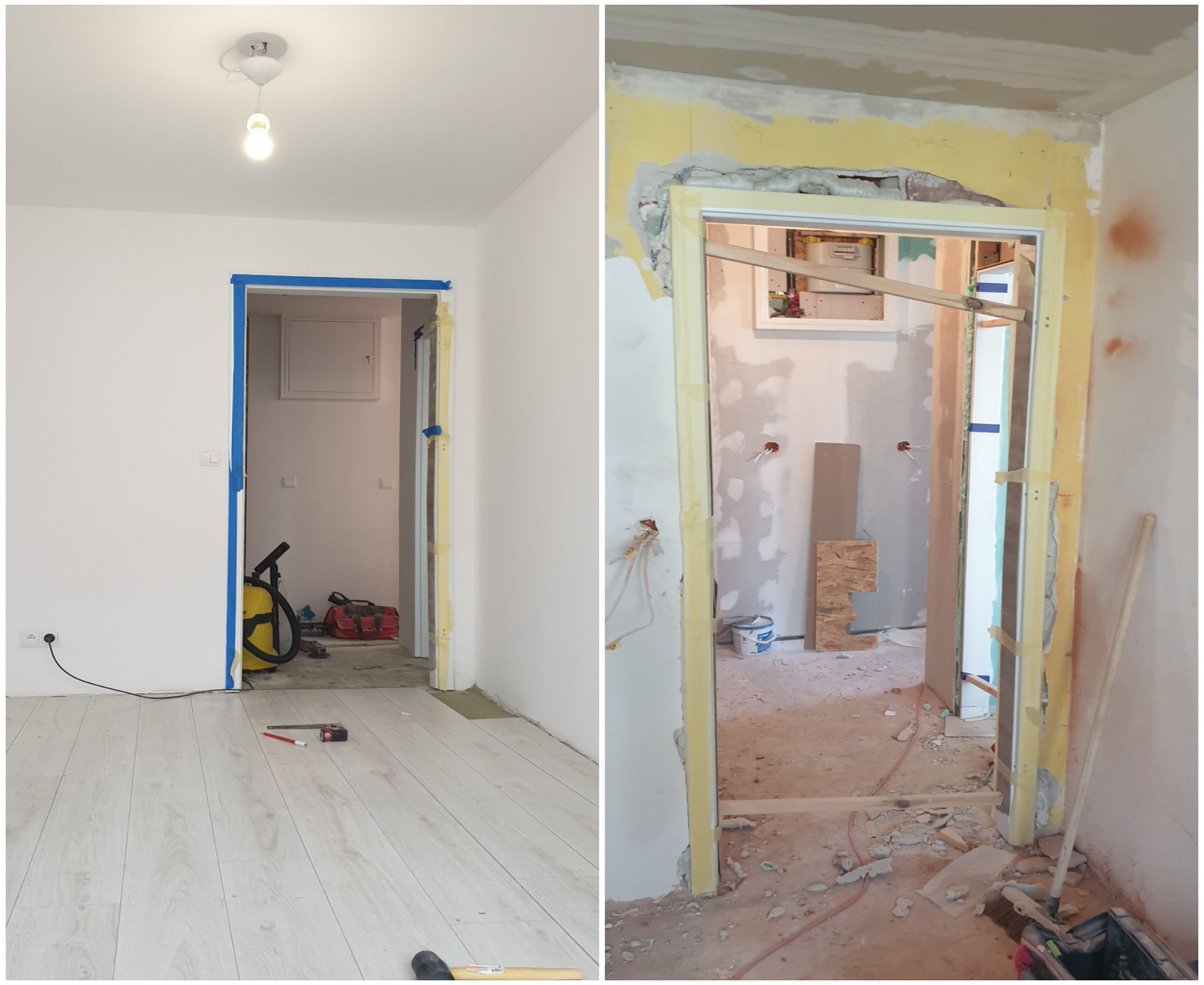 Dwa ujęcia wnętrza w trakcie prac: po lewej pokój z nową, jasną podłogą i odmalowanymi ścianami, zabezpieczonymi taśmą malarską wokół ościeżnicy; po prawej surowy stan z obitą ościeżnicą, widoczne...