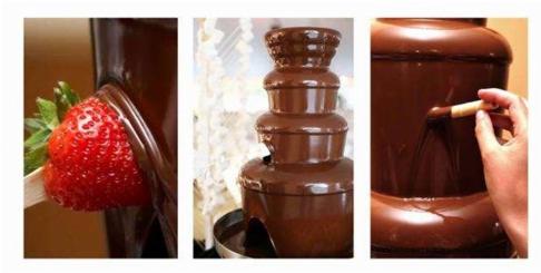 Trzy kadry: truskawka zanurzona w płynnej czekoladzie, wieżowa fontanna czekoladowa na stole, dłoń zanurzająca pałeczkę w czekoladzie spływającej po fontannie.