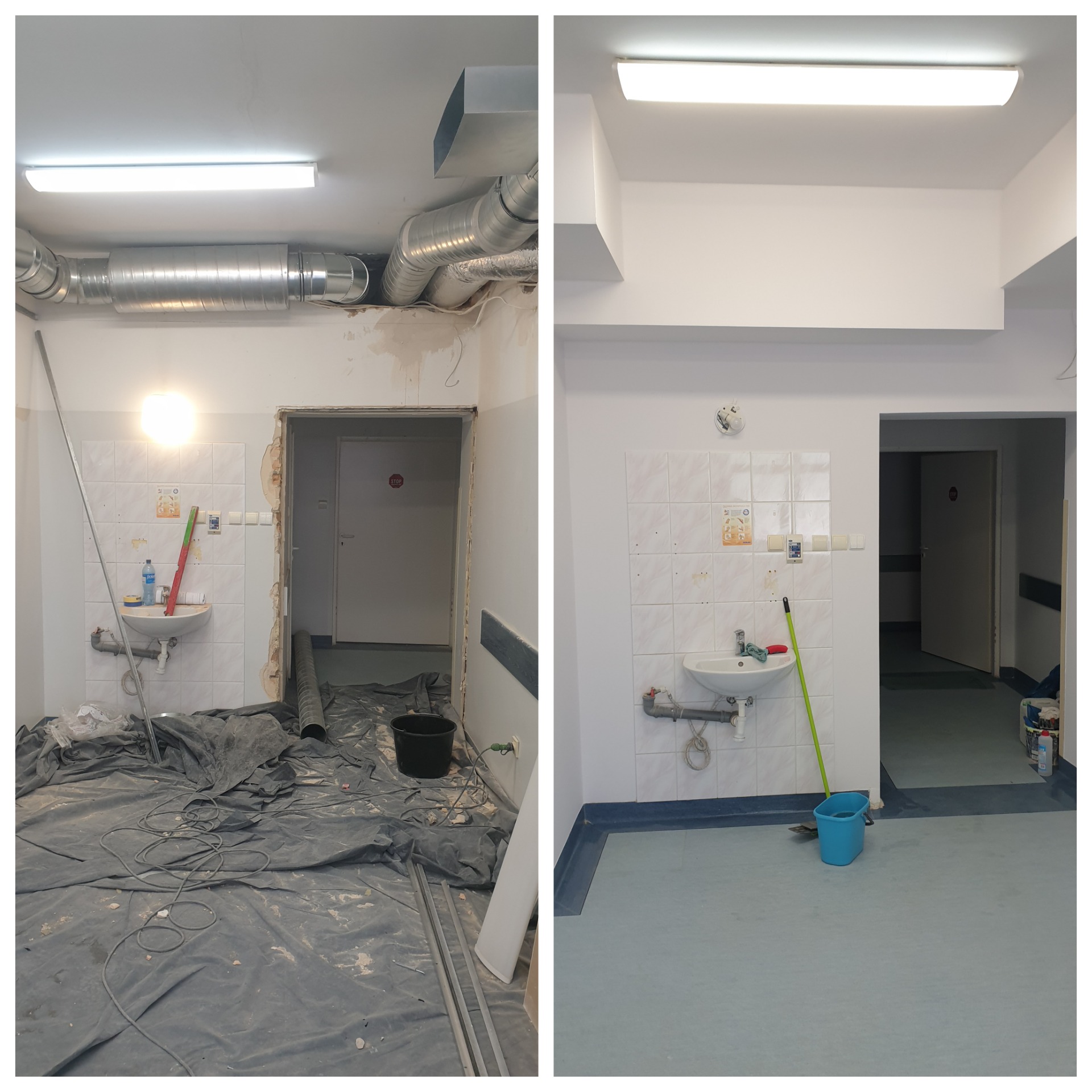 Porównanie stanu łazienki przed i po remoncie. Po lewej stronie widoczne zabezpieczone folią podłogi, odsłonięte rury wentylacyjne i ściany w trakcie prac. Po prawej stronie odnowiona łazienka...