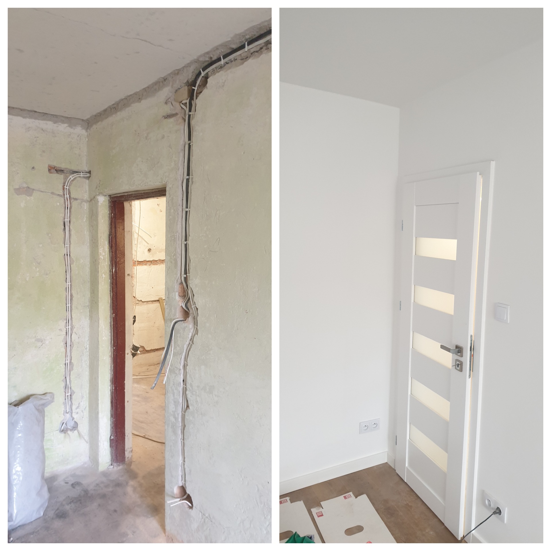 Porównanie stanu pokoju przed i po remoncie: surowe ściany z instalacją elektryczną przed malowaniem oraz odnowione wnętrze z pomalowanymi ścianami, nowymi gniazdkami i drzwiami.