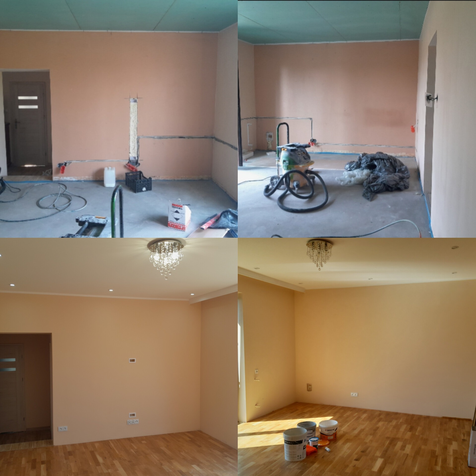 Czteropanelowe porównanie wnętrza: surowy stan z widocznymi przewodami i narzędziami przed malowaniem oraz efekt końcowy z pomalowanymi ścianami, parkietem i ozdobnym oświetleniem.