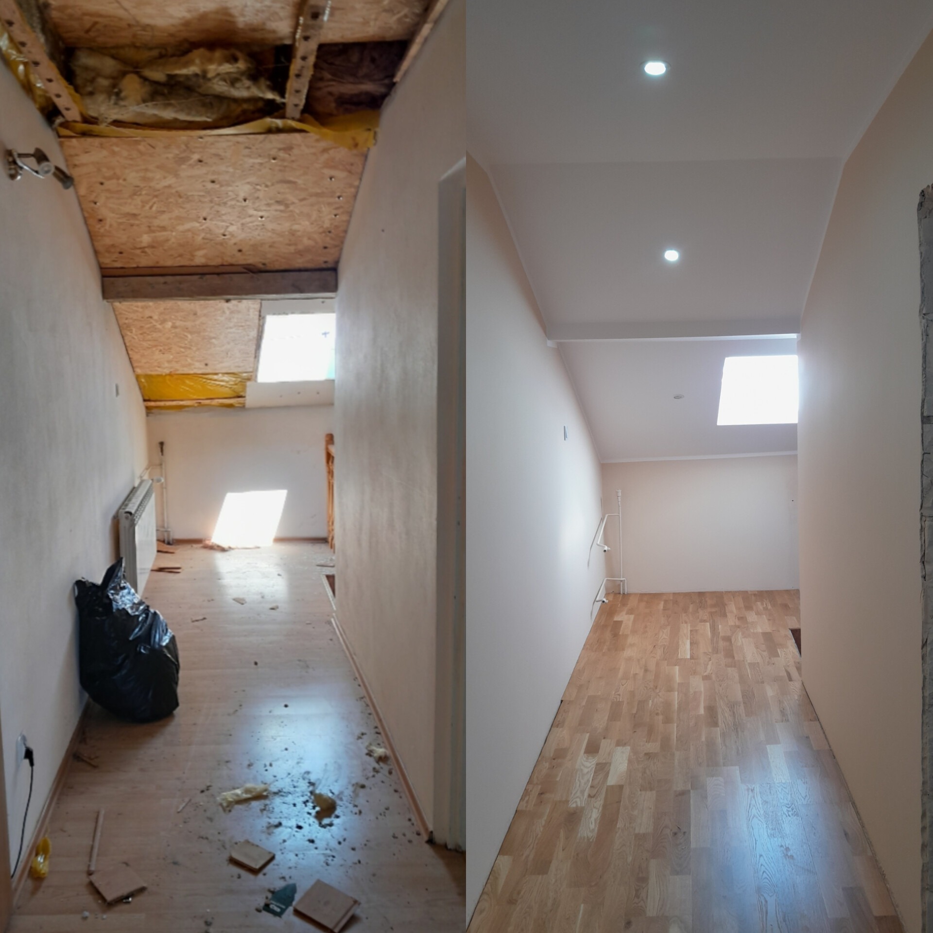 Porównanie stanu poddasza przed i po remoncie: surowe drewno i izolacja vs. gładkie ściany, podłoga z paneli i oświetlenie punktowe.