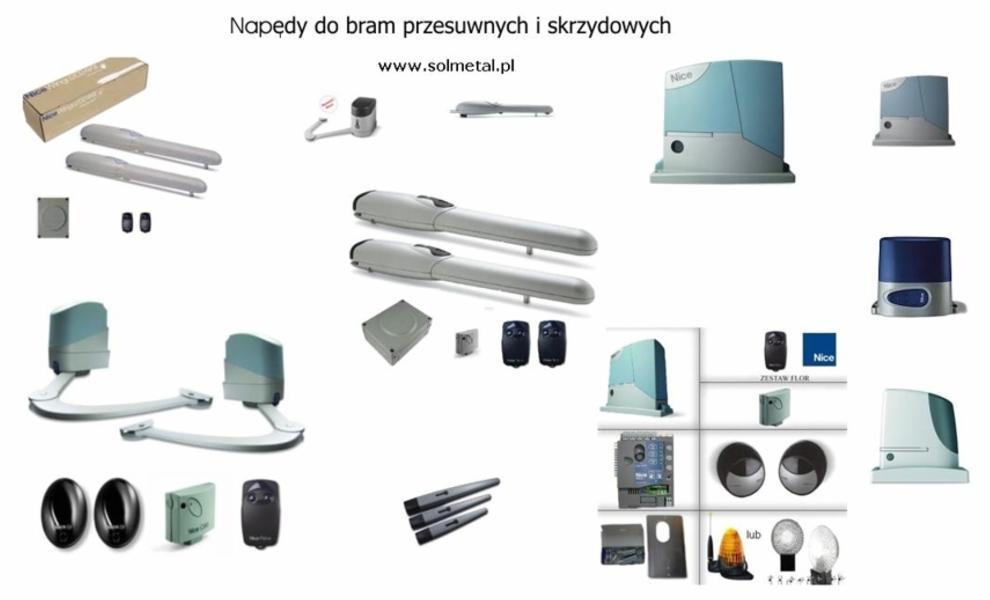 Zestaw napędów do bram przesuwnych i skrzydłowych marki Nice, prezentowany na białym tle, obejmujący siłowniki, piloty, fotokomórki oraz centralę sterującą.