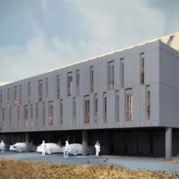 Wizualizacja budynku usługowego z szarą elewacją i drewnianym segmentem, otoczonego parkingiem i stylizowanymi postaciami.