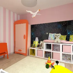 Wizualizacja pokoju dziecięcego z szafą w kolorze brzoskwini, regałem z różowymi akcentami, ścianą w paski i czarną ścianą z kolorowymi wzorami, uzupełniona zabawkami i dywanem w kolorze ecru.