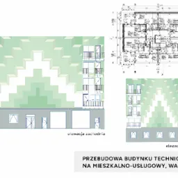 Rzut elewacji zachodniej i południowej budynku po przebudowie na mieszkalno-usługowy w Warszawie, widok balkonów i układu pomieszczeń na planie piętra 4.