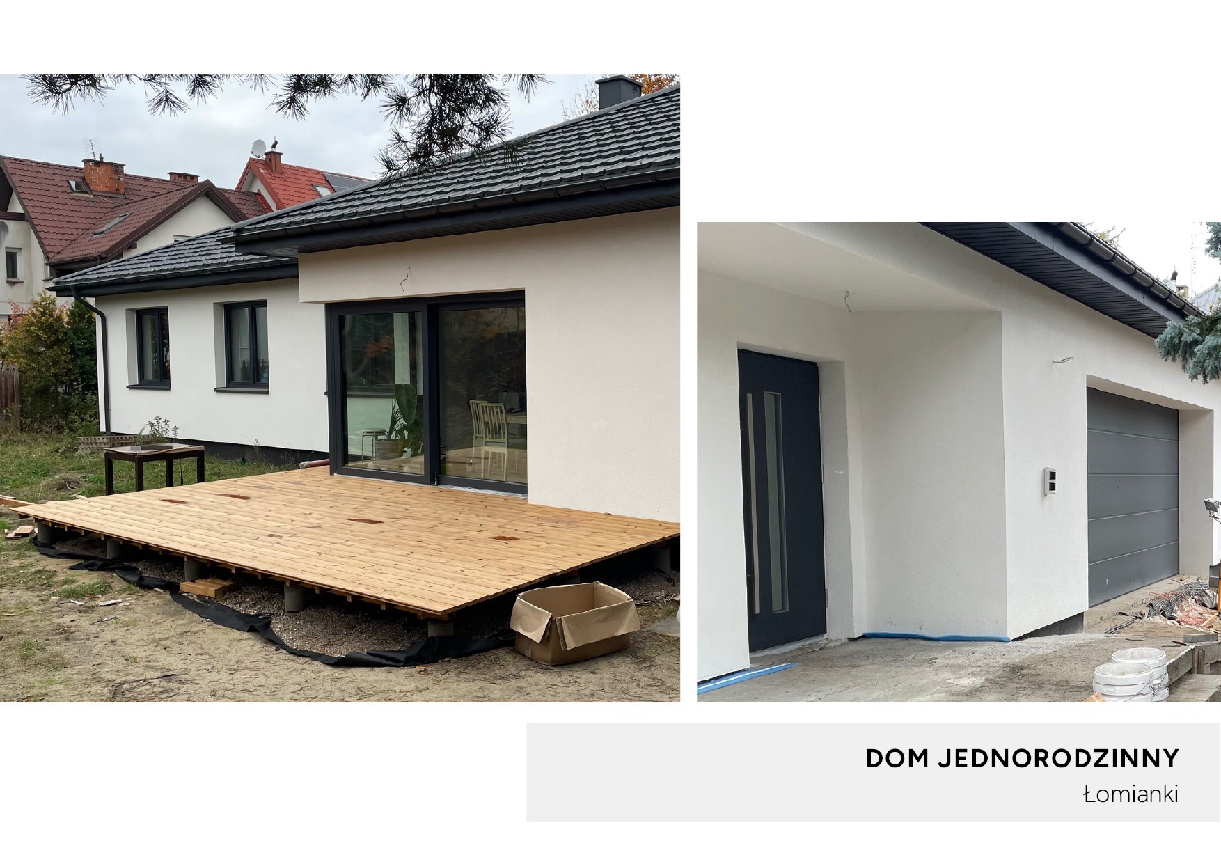 Nowoczesny dom jednorodzinny z jasną elewacją, drewnianym tarasem w trakcie budowy i garażem z bramą segmentową.