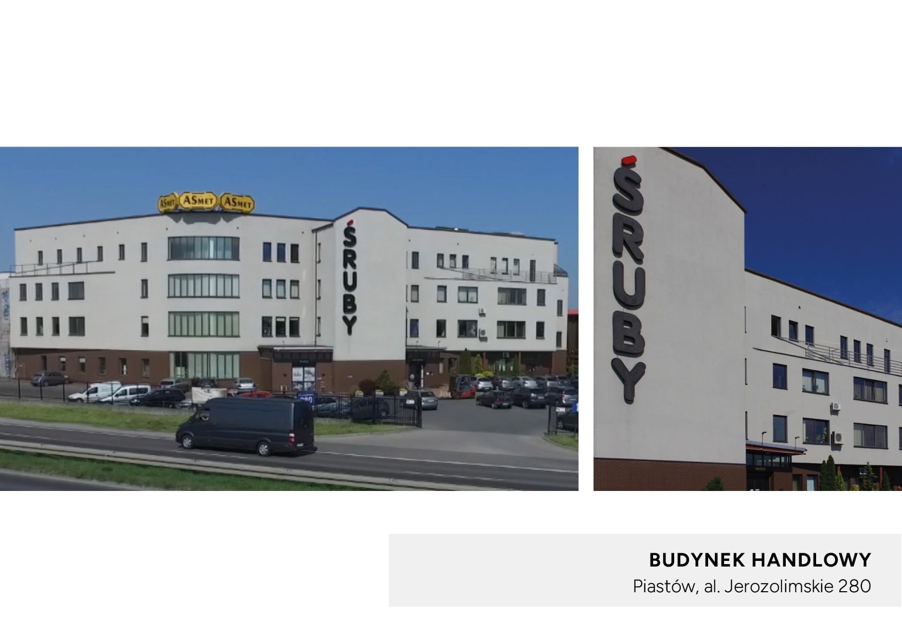 Budynek usługowy z napisem 'Śruby' na elewacji, zlokalizowany w Warszawie, widoczny z perspektywy ulicy z zaparkowanymi samochodami.