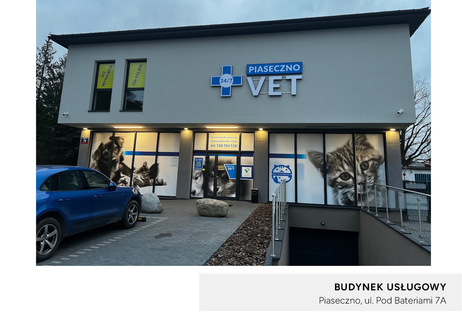 Budynek weterynaryjny w Piasecznie z dużymi grafikami zwierząt w oknach, widoczne logo 'Piaseczno VET' i zaparkowany niebieski samochód.