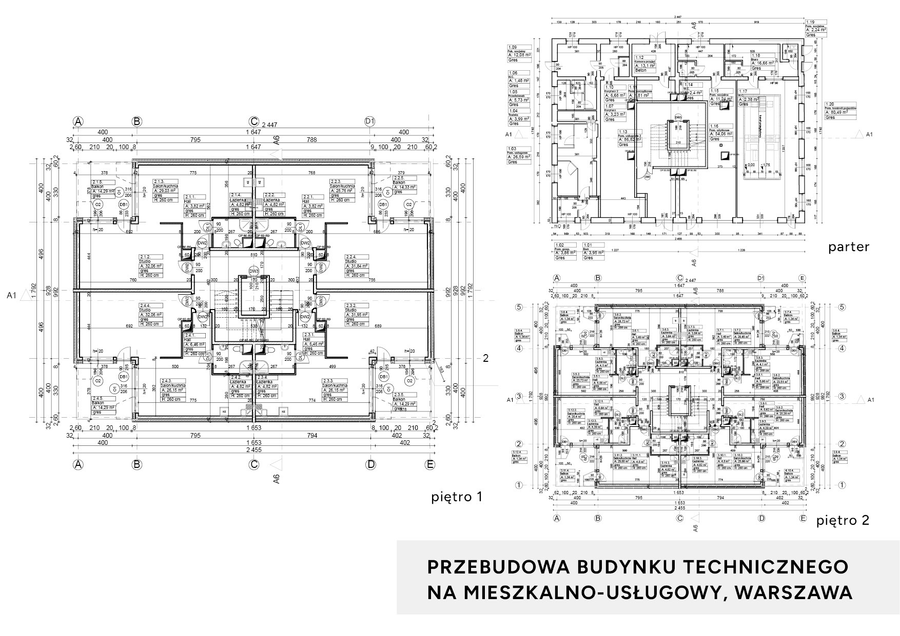 Architektoniczny plan przebudowy budynku technicznego na mieszkalno-usługowy w Warszawie, widok rzutów parteru i dwóch pięter z wymiarami i opisami pomieszczeń.