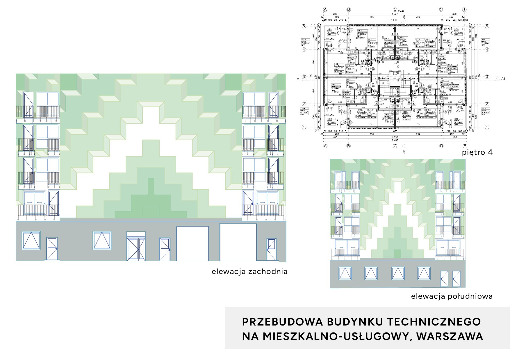 Rzut elewacji zachodniej i południowej budynku po przebudowie na mieszkalno-usługowy w Warszawie, widok balkonów i układu pomieszczeń na planie piętra 4.