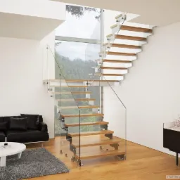 Nowoczesne schody z drewnianymi stopniami i szklanymi balustradami w jasnym wnętrzu, widok na las przez duże okno.