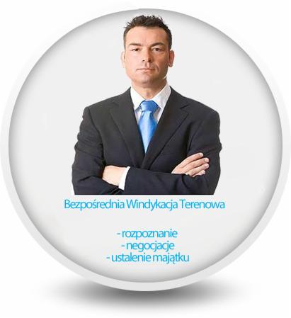 Mężczyzna w garniturze z założonymi rękami na tle grafiki z napisem 'Bezpośrednia Windykacja Terenowa', rozpoznanie, negocjacje, ustalenie majątku.