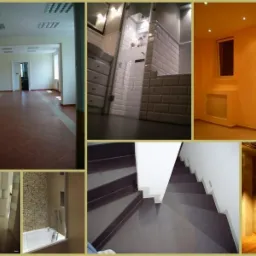 Mozaika kolażu przedstawia wnętrza po remoncie: przestronny korytarz z terakotą, łazienkę z białą cegłą i wanną, pokój z oknami i grzejnikami w zabudowie oraz schody z ciemnymi stopniami.