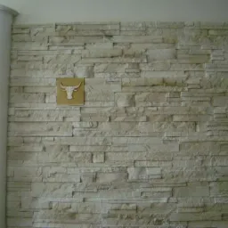 Ściana wyłożona dekoracyjnym kamieniem w odcieniach beżu i szarości, z dwoma kwadratowymi płytkami z motywem głowy byka, obok kolumny.