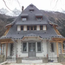 Dwupiętrowy dom o unikalnej architekturze z bardzo stromym, spadzistym dachem pokrytym szarą dachówką łupkową, z małymi lukarnami i kominem, na tle zalesionych gór i ośnieżonych szczytów.