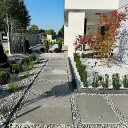 Nowoczesny ogród z ścieżką z betonowych płyt, białymi kamieniami, ozdobnymi trawami i krzewami prowadzącą do minimalistycznego domu z drzewem o czerwonych liściach.