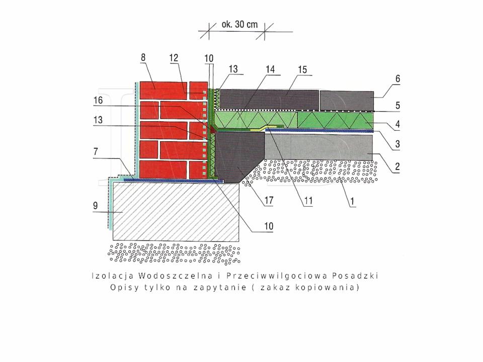 Schemat warstw izolacji przeciwwilgociowej i wodoszczelnej posadzki, z detalami technicznymi i wymiarami.