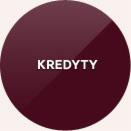 Ciemnoczerwone, okrągłe logo z białym napisem 'KREDYTY' w centrum, z widocznym gradientem i odbiciem światła, sugerujące nowoczesny design.