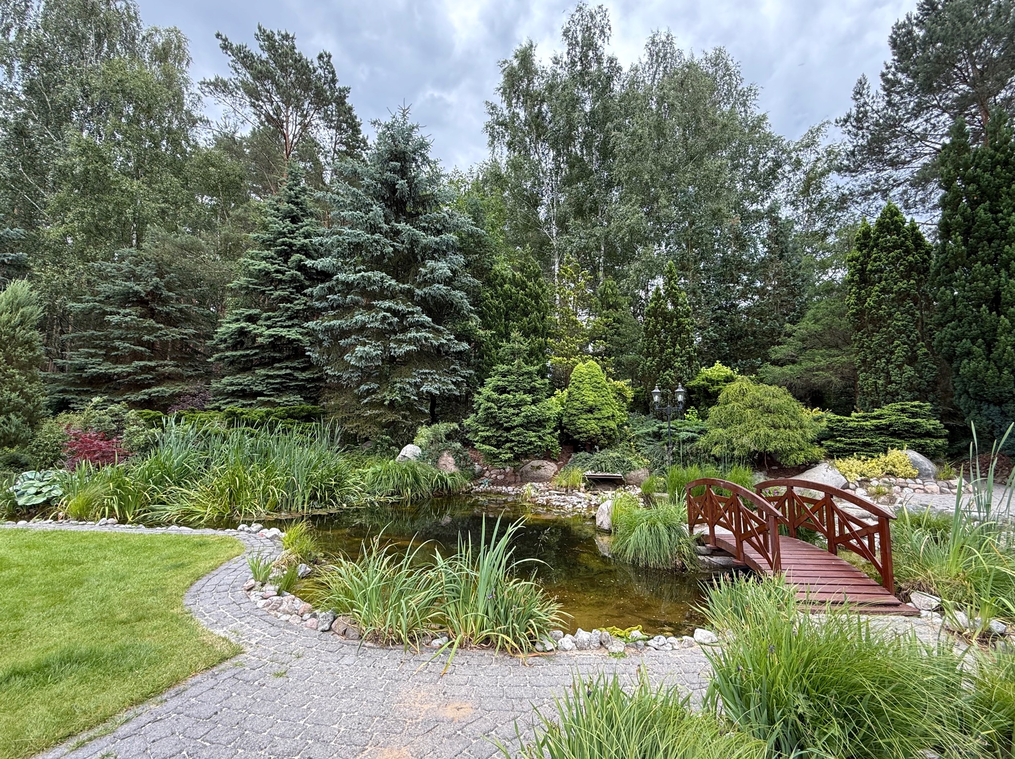 Oczko wodne z drewnianym mostkiem w otoczeniu różnorodnej zieleni: drzew iglastych, liściastych i traw ozdobnych. Kamienna ścieżka prowadzi wzdłuż brzegu.