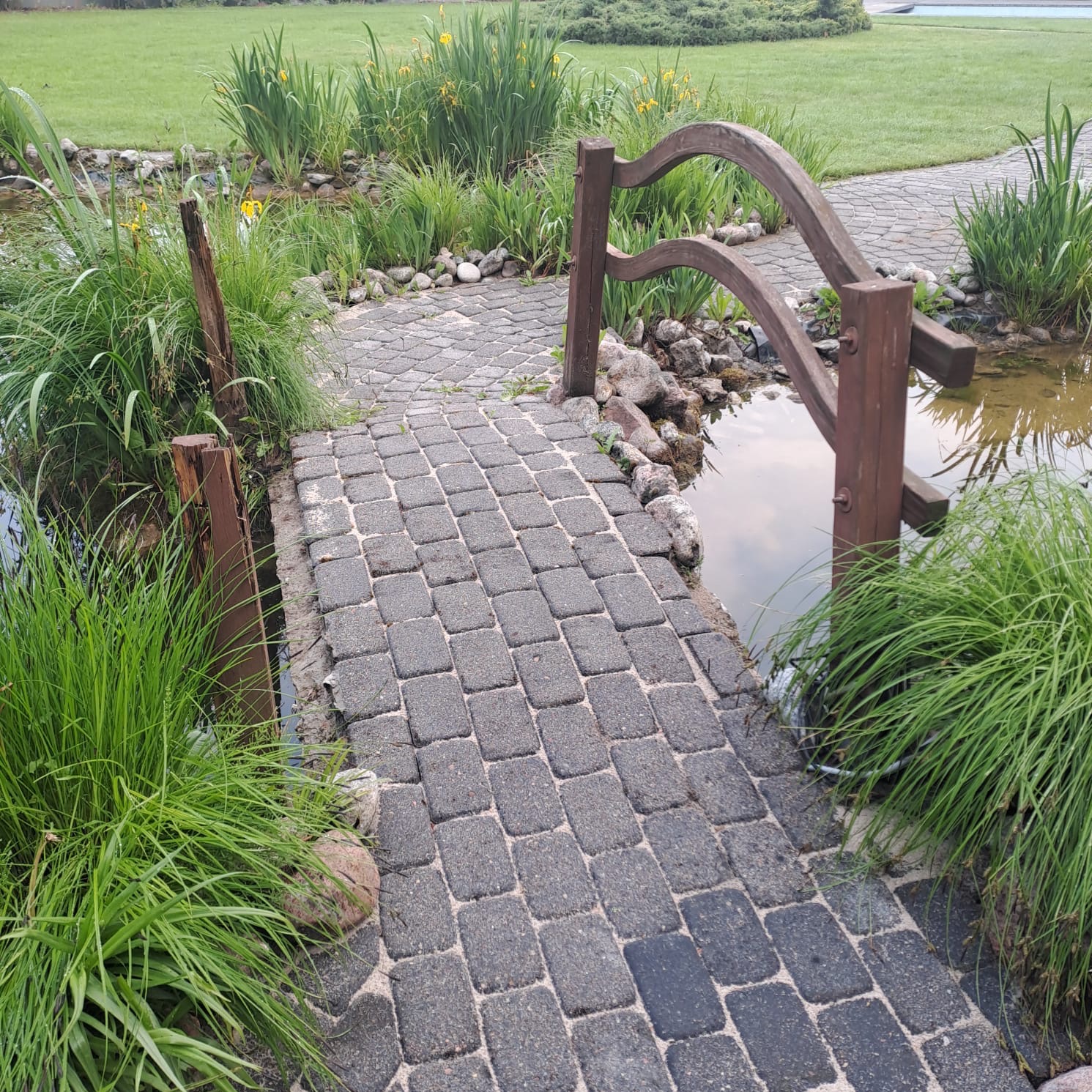 Kamienny mostek nad stawem w ogrodzie, otoczony zielenią i żółtymi kwiatami. Ujęcie z perspektywy pieszego, ukazujące detale kamiennej nawierzchni i drewnianej konstrukcji.