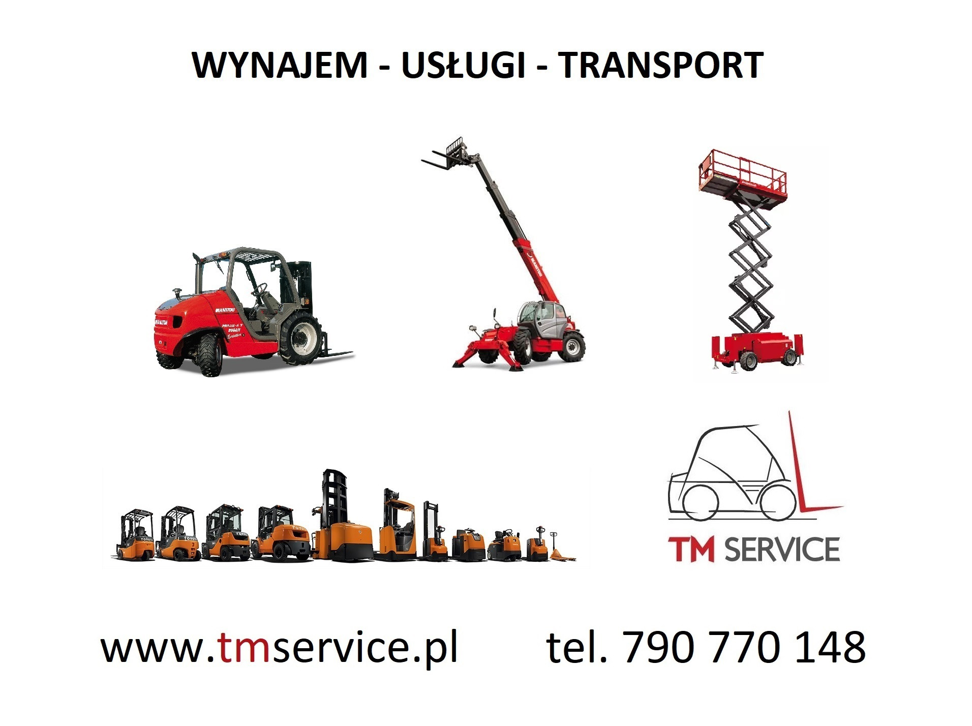 Kolaż przedstawiający różne maszyny: czerwony wózek widłowy terenowy Manitou, podnośnik teleskopowy Manitou, podnośnik nożycowy oraz rząd pomarańczowo-czarnych wózków widłowych i paletowych Toyota,...