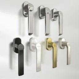 Ekspozycja klamek okiennych Schüco w różnych kolorach: srebrny, czarny, złoty i biały, z widocznym logo producenta.