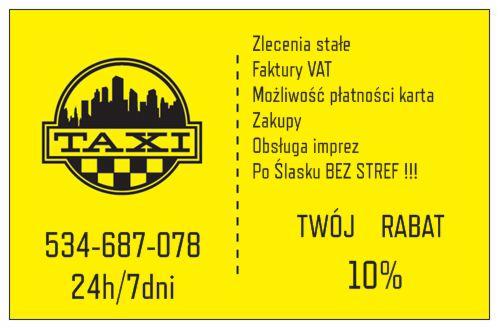 Żółta reklama Taxi z numerem telefonu, logo z panoramą miasta, informacją o zleceniach stałych, fakturach VAT, płatności kartą, zakupach, obsłudze imprez i rabatem 10%.