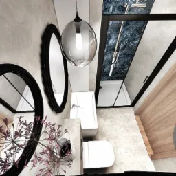 Wizualizacja łazienki z dwoma owalnymi lustrami w czarnych ramach, wiszącą szklaną lampą z żarówką Edisona, kabiną prysznicową z marmurową ścianą i drewnianą zabudową, widok z góry.