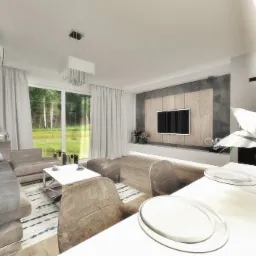 Wizualizacja salonu z projektorem sufitowym, narożną sofą i dekoracyjną ścianą TV, uzupełniona kwiatami w wazonie na pierwszym planie.