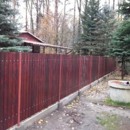 Długie, drewniane ogrodzenie z olchowych sztachet, zamontowane na podmurówce systemowej, z widocznymi srebrnymi nitami, otoczone drzewami iglastymi i liściastymi.