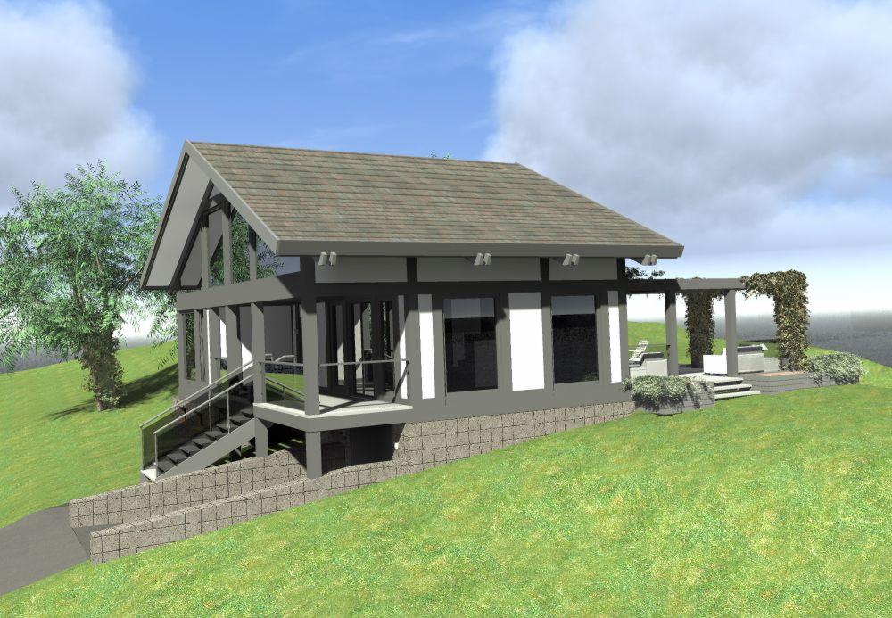 Wizualizacja domu z płaskim dachem i przeszklonymi ścianami, z tarasem i pergolą porośniętą zielenią, położonego na zielonym wzgórzu.