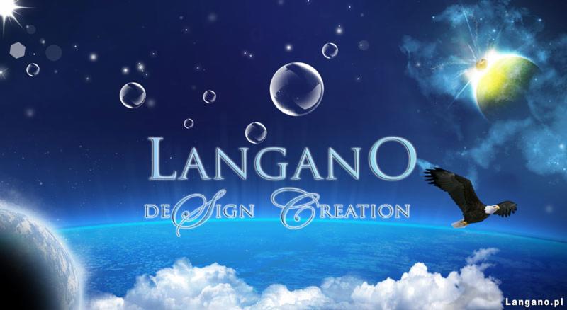 Grafika firmowa Langano Design Creation przedstawiająca orła lecącego na tle planety z chmurami, błękitnego nieba i kosmosu z bąbelkami.