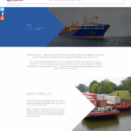 Strona internetowa firmy OT Logistics z widokiem na kontenerowiec morski i barki rzeczne transportujące kontenery.