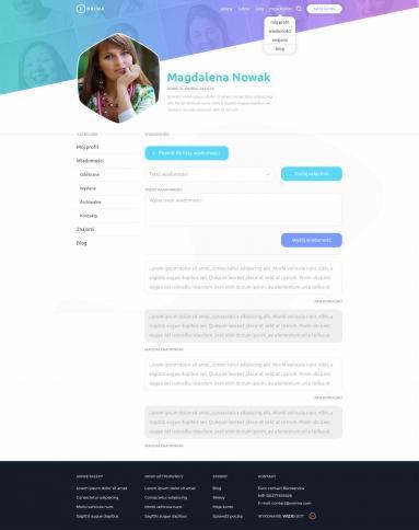 Projekt strony internetowej z profilem użytkownika, z okrągłym zdjęciem profilowym kobiety, menu po lewej stronie i formularzem kontaktowym na środku.