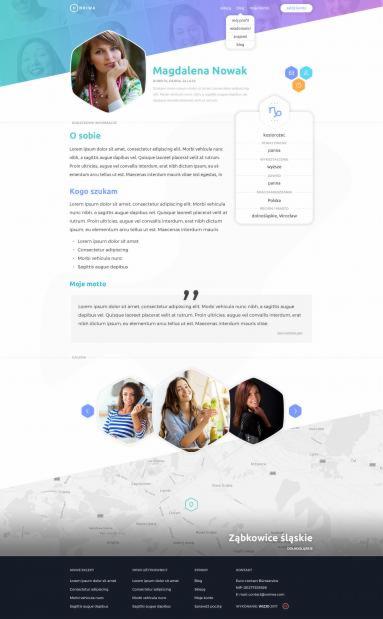 Projekt strony internetowej z profilem osoby, zawierający zdjęcie, imię, nazwisko, sekcje 'O sobie', 'Kogo szukam' i 'Moje motto', z mapą okolic Bielawy w tle.
