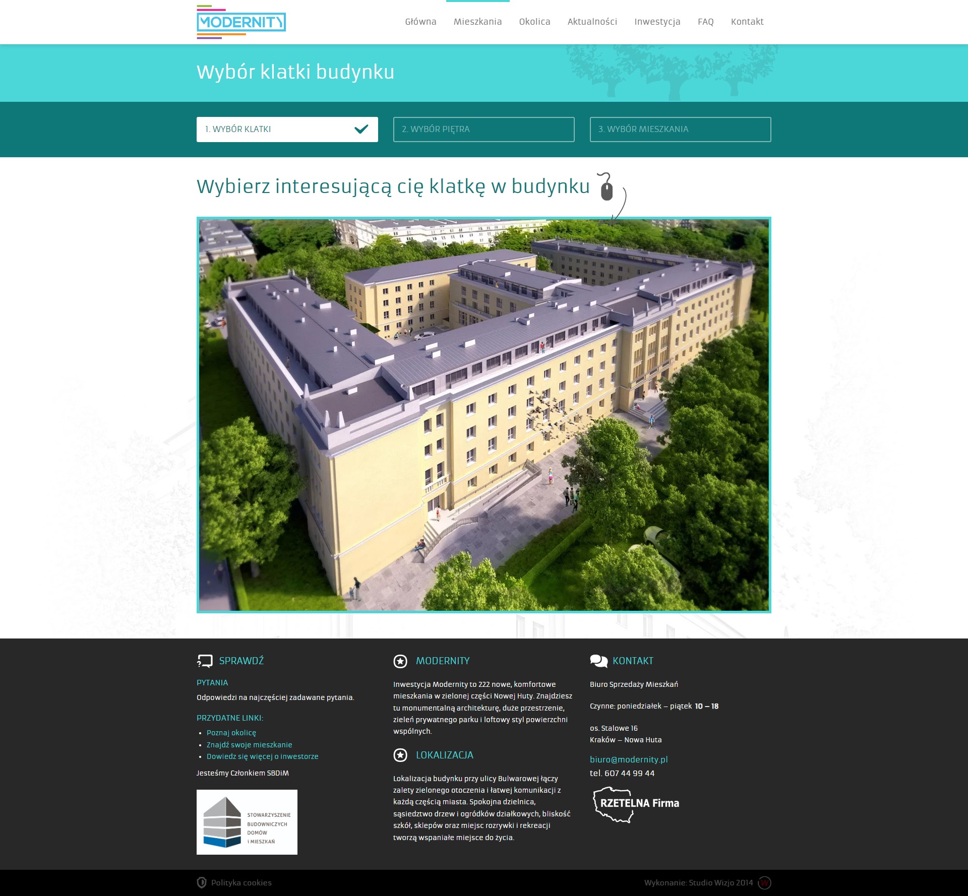 Wizualizacja 3D budynku mieszkalnego z jasną elewacją, widok z góry, otoczonego zielenią, prezentowana na stronie internetowej z interaktywnym wyborem klatki, piętra i mieszkania.