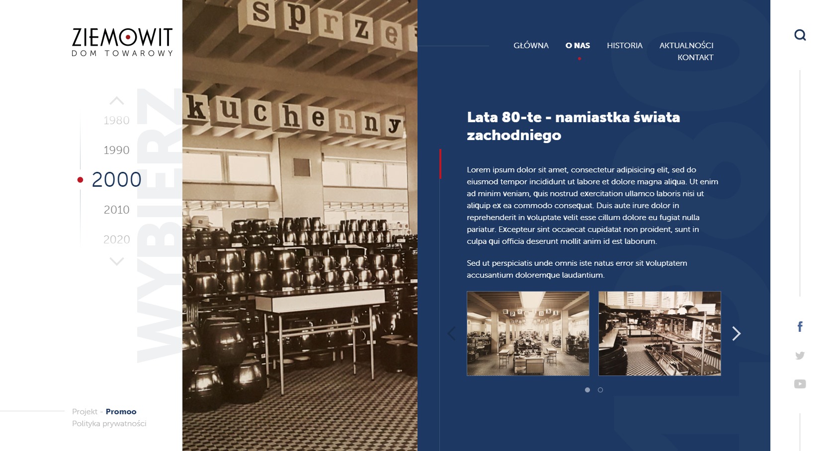 Strona internetowa z sekcją prezentującą archiwalne zdjęcie sklepu z lat 80-tych, z półkami pełnymi garnków i tekstem informacyjnym po prawej stronie.