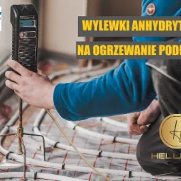 Pomiar wilgotności w systemie ogrzewania podłogowego z rurkami przed wylaniem posadzki, widoczny miernik wilgotności, logo Knauf i Hellmax.