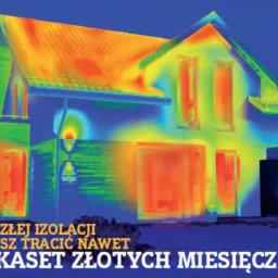 Termowizja domu z widocznymi stratami ciepła, ukazana w formie mapy cieplnej z kolorami od niebieskiego do czerwonego. Tekst: 'Przy złej izolacji możesz tracić nawet kilkaset złotych miesięcznie'.