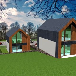 AutorskaPracowniaArchitektury SZKOCNY & PARTNERZY - Wizualizacja dwóch nowoczesnych domów jednorodzinnych z dużymi przeszkleniami, drewnianą elewacją i ciemnymi dachami na tle zielonego trawnika i drzew.