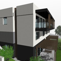 AutorskaPracowniaArchitektury SZKOCNY & PARTNERZY - Wizualizacja dwulokalowego budynku mieszkalnego z tarasem i balkonem, nowoczesna architektura, szara elewacja z elementami drewna, otoczenie zieleni. Projekt budowlany.