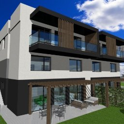 AutorskaPracowniaArchitektury SZKOCNY & PARTNERZY - Wizualizacja dwulokalowego budynku mieszkalnego z balkonami i tarasem, w nowoczesnym stylu. Widoczne elementy architektury krajobrazu i błękitne niebo.