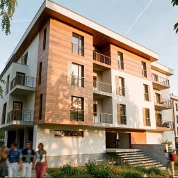 AutorskaPracowniaArchitektury SZKOCNY & PARTNERZY - Nowoczesny budynek wielorodzinny z jasnym tynkiem i drewnianymi panelami elewacyjnymi, balkonami z metalowymi balustradami, betonowymi schodami wejściowymi, w otoczeniu zieleni.