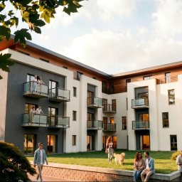 AutorskaPracowniaArchitektury SZKOCNY & PARTNERZY - Nowoczesny budynek mieszkalny o białych i grafitowych elewacjach z drewnianymi panelami, otoczony zielenią. Mieszkańcy na szklanych balkonach i w słonecznym, zadbanym dziedzińcu z psem.