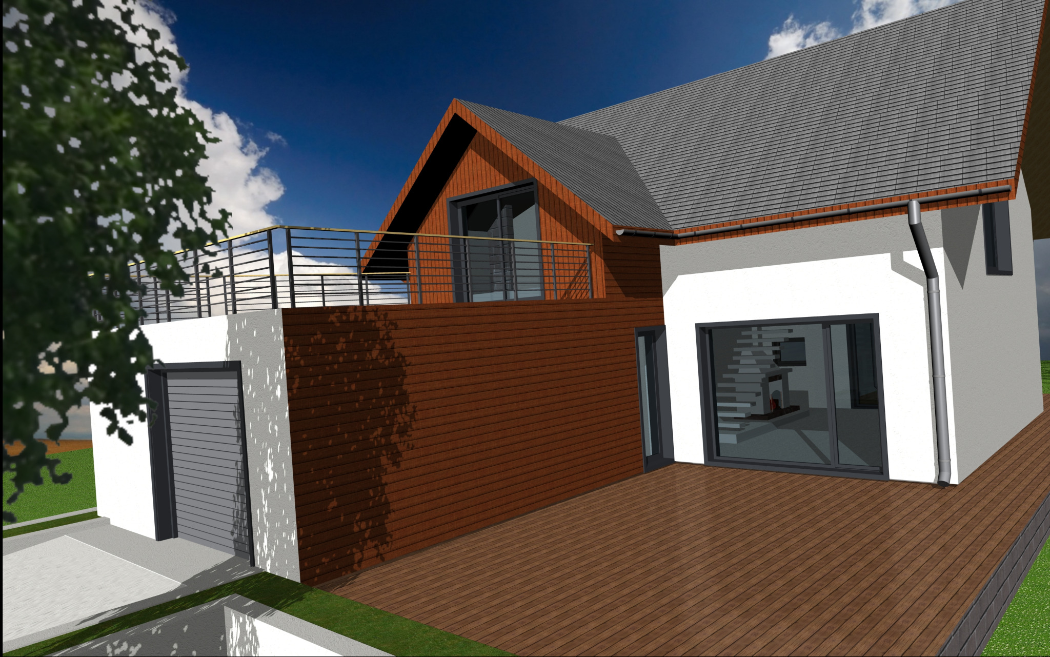 Wizualizacja domu z garażem i tarasem, z drewnianą elewacją i szarym dachem. Widok z góry, błękitne niebo w tle. Projekt architektoniczny z Sosnowca, ul. Kasprowicza.