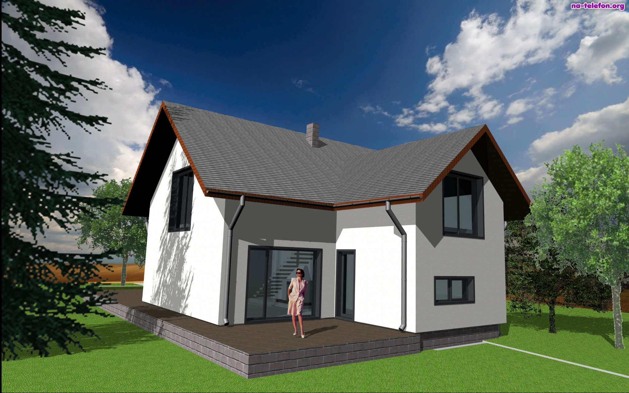 Wizualizacja 3D nowoczesnego domu z szarym dachem i białymi ścianami, z tarasem i postacią kobiety na tle błękitnego nieba z chmurami. Projekt z Sosnowca, ul. Kasprowicza.