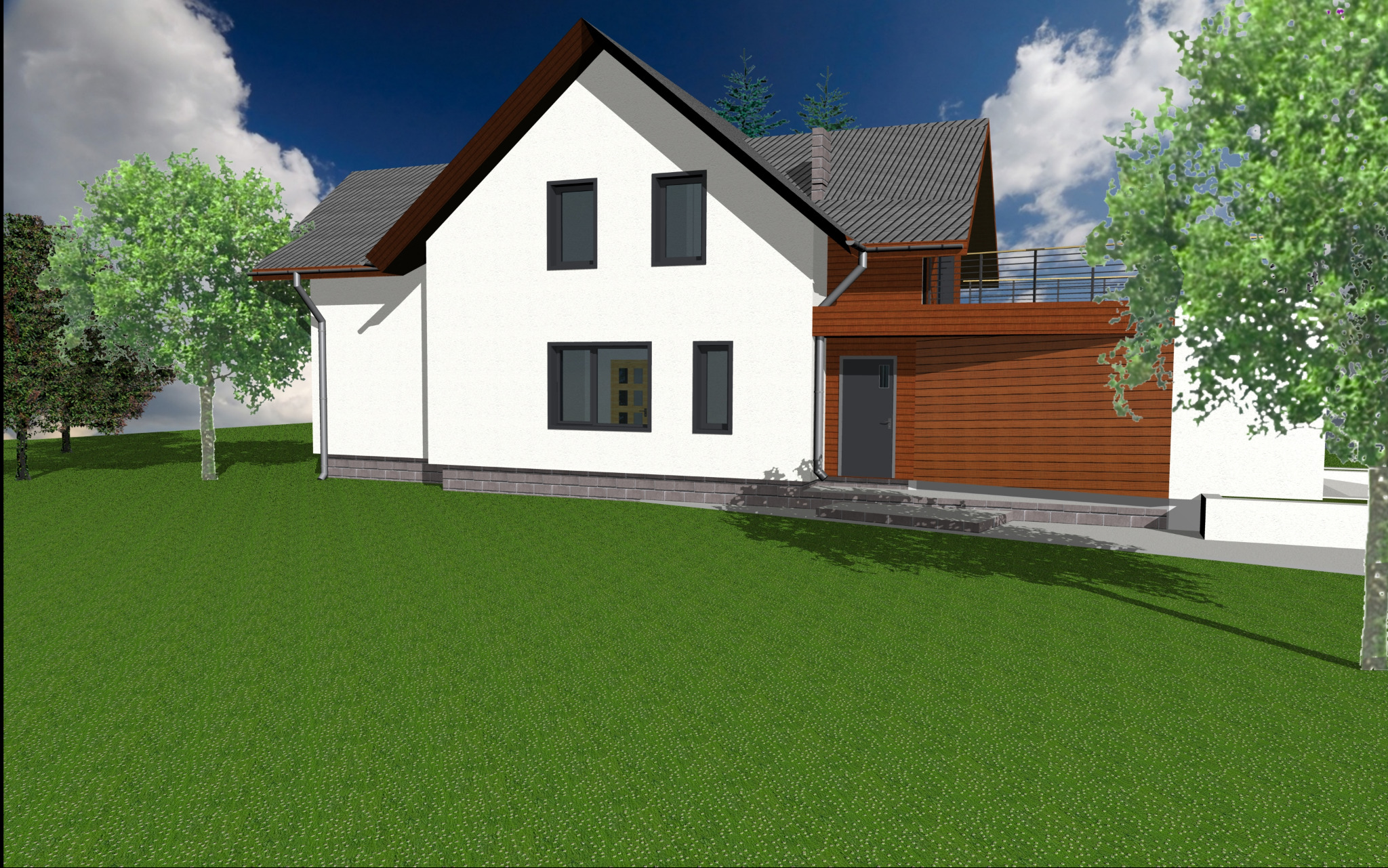 Wizualizacja domu jednorodzinnego z brązową elewacją, balkonem i szarym dachem na tle błękitnego nieba z chmurami. Projekt z Sosnowca, ul. Kasprowicza.