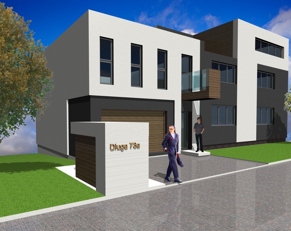 Wizualizacja nowoczesnego, dwukondygnacyjnego domu z płaskim dachem, akcentami drewna i szarości. Na pierwszym planie kobieta w garniturze i mężczyzna przy wejściu.