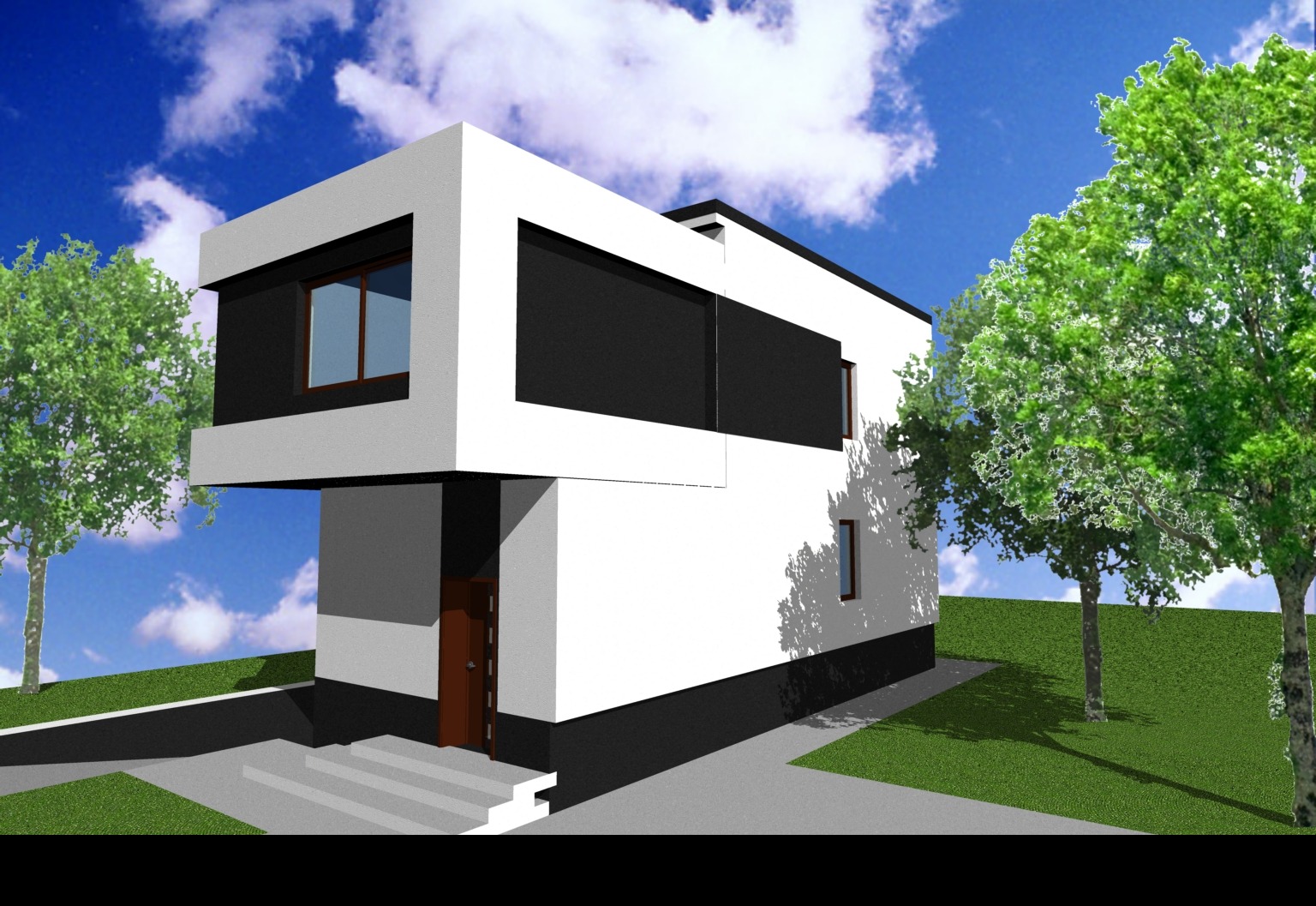 Wizualizacja dwukondygnacyjnego domu w stylu minimalistycznym z płaskim dachem, z ciemnymi oknami i wejściem. Otoczenie: trawa i drzewa na tle błękitnego nieba.